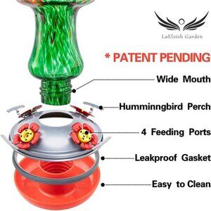 28 Ounces Hand Blown Glass Hummingbird Feeder for Outside, 4 Feeding Perch